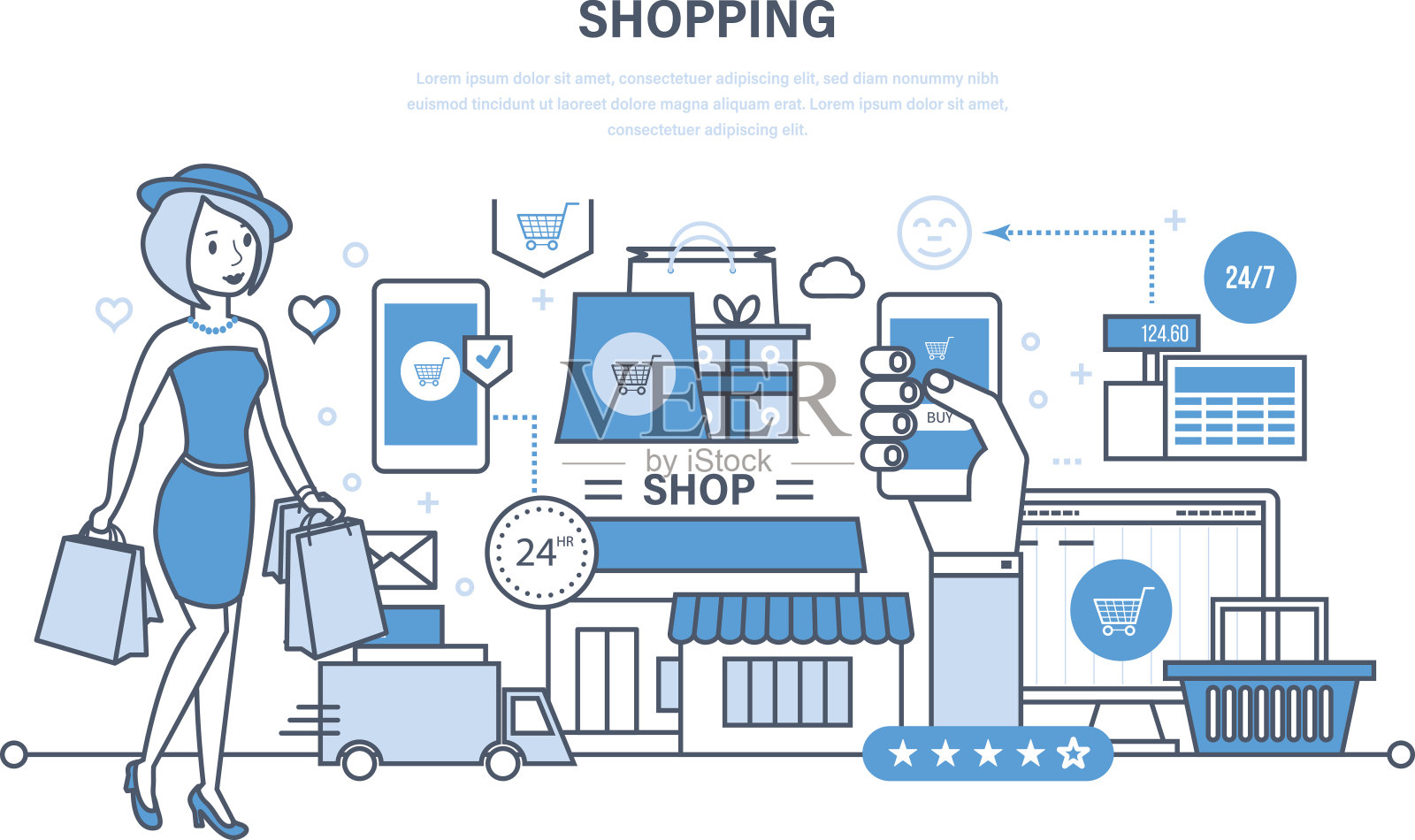 現代購物、網上訂購產品系統,安全支付、送貨插畫圖片素材