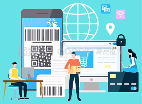 有支付保障的智能手機和計算機,購物和送貨。網(wǎng)上支付系統(tǒng),帶筆記本電腦的字符。平面卡通風(fēng)格的矢量插圖。國際商務(wù)現(xiàn)代技術(shù)小工具